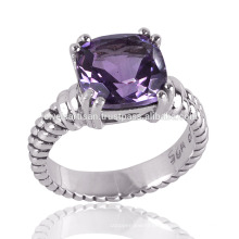 Amethyst Stone Anillo de ajuste de cojín de dientes de plata esterlina 925